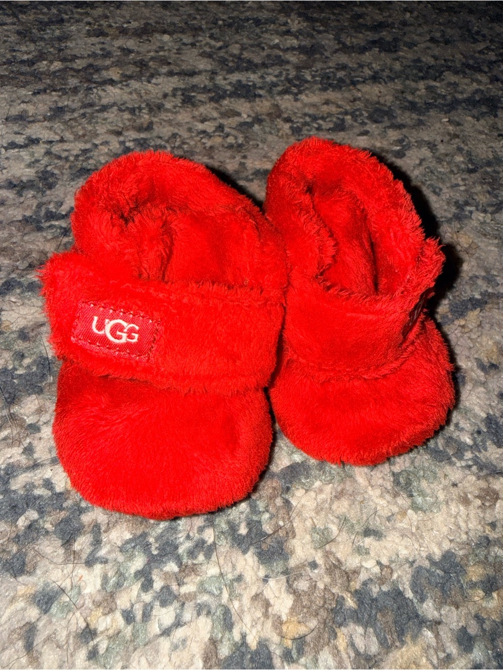 UGG Red Plush Baby Booties with Velcro Strap